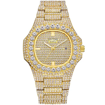 Hot Predaj Muži Ženy 18k Gold Diamond Ľadový Von Hodinky z Nerezovej Ocele Veľký Kryštál Kameň, Kremeň náramkové hodinky pre Mens Celej Spevnené