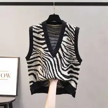 V-Neck Pletené Vest Ženy, Nový kórejský Módne Zebra Vzor bez Rukávov Svetre Vesty pre Outwear Jar Jeseň Roku 2022 X82