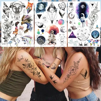 Jeleň Geometrické Falošné Tetovanie Body Art Rameno Kvety Akvarel Dočasné Tetovanie Pre Deti Galaxy Jednorazové Tetovanie Nálepky Kozmonaut