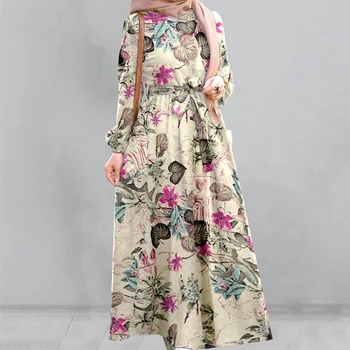 Ženy Vintage Kvetinový Vytlačené Maxi Šaty Ležérne Módne Moslimských Ženské Šaty S Dlhým Rukávom Belted Šaty, Dlhé Šaty Musulman Vestido
