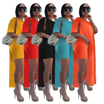 Ženy Bežné Farbou Dve Dielna Sada Strane Vysoká Rozdeliť Extra Dlhé Topy Krátky Rukáv A Vysoký Pás Krátke Nohavice Obleky