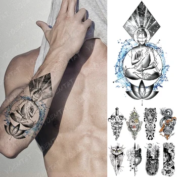 Nepremokavé Dočasné Tetovanie Nálepky Lotus Múdrosť Tichom Buddha Šákjamuni Flash Tatto Vlk, Lev Body Art Rameno Falošné Tetovanie Ženy Muži