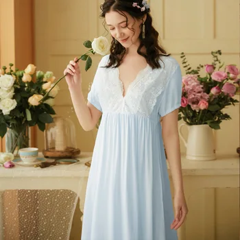 Ženy Bavlna Nightgowns Peignoirs Čipky Rukáv Sexy V Krku Sleepwear Viktoriánskej Vintage White Dlho Spať Šaty Noc Nosenie Nightie