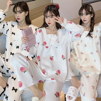 2021 Zimné Dlhý Rukáv Roztomilý Čipky Luk tvaru Hrubé Teplé Pajama Sady pre Ženy kórejský Sleepwear Vyhovovali Pyžamo oblečenie pre voľný čas Doma Oblečenie