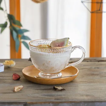 Vintage Plastický Sklo So Zlatým Okrajom, Intarzované A Transparentné Romantický Západ Kvetinový Vzor, Espresso Mlieko Raňajky Teacup Riad