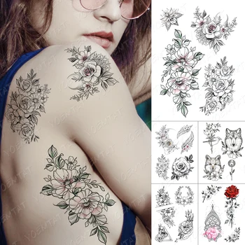 Nepremokavé Dočasné Tetovanie Nálepky Line Kvety Ruže Flash Tetovanie Listy Fox Mesiac Body Art Rameno Falošné Tetovanie Ženy Muži