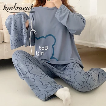 Kórejský Pyžamo Ženy, Nový Jeseň Roztomilý Kreslený Tlač Pyžamá Kawaii Dievčatá Medveď Pijama Plus Veľkosť Sleepwear Sady 2 Kus Domov Oblek