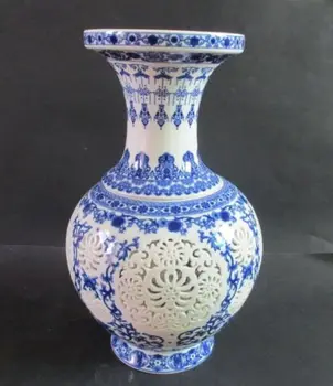 Nádherná Čínska Klasická Modrá a Biela Duté-out Porcelánová Váza,Maľované s Deťmi Hrať