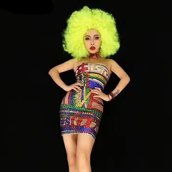 Ženy Nového Multicolor Žiarivými Kamienkami Tesné Šaty Sexy Módne Úsek Krátke Šaty Narodeninovej Party Nosenie Spevák Fáze Kostým