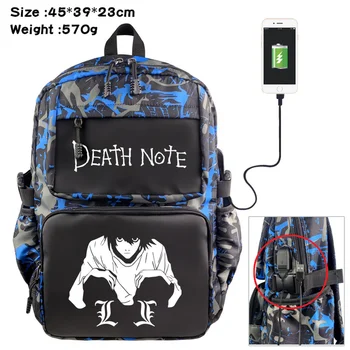 Anime Death Note, Nylon Bežné Batoh Študentská Aktovka USB Cartoon Teenger Cestovný Notebook Taška na Zips Bookbag Batohu