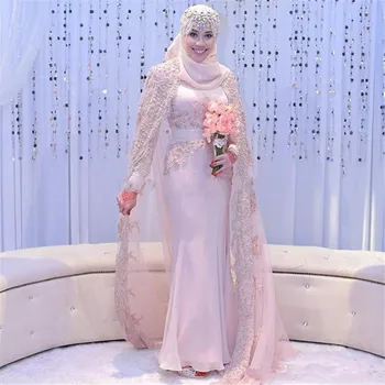 Elegantné arabské Moslimské Morská víla Svadobné Šaty Svadobné Šaty 2020 Vysoká Krku Čipky Nášivka Dlhé Rukávy S Pokrievkou svadobné šaty