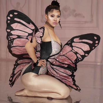 Iskrivý Diamanty Chudá Elastické Ženy Kombinézach Lesklá Ružová Motýlích Krídel Halloween Kostým Fáze Gogo Dance Nočný Klub Oblečenie