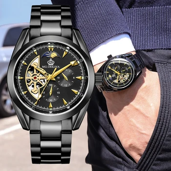 ORKINA Mužov Fázy Mesiaca Mechanické náramkové hodinky z Nerezovej Ocele, Automatické Vonkajšie Sledujte Muž Hodiny Top Značky Luxusné Reloj Hombr