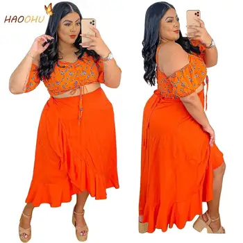 HAOOHU Veľké Lem Kvetinový Oblečenie pre Ženy 2021 Lete Farbou Krajky-up Top Kvetinový-Vytlačiť-Ramenný Dvoch-Dielny Sukne Vyhovovali Orange