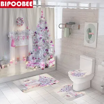 Biela Krb Vianočný Stromček Tlač Sprchový Záves Kúpeľňa Záclony Vaňa Rohože Koberce a Wc Veko Krytu Holiday Party Decor