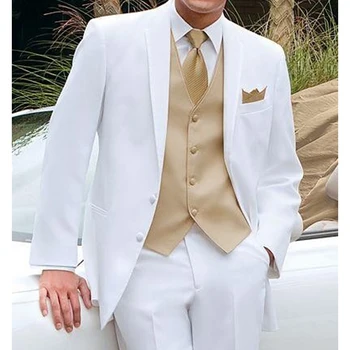 Biele a Zlaté Svadobné Smoking pre Groomsmen 2022 Muž Módne Kostýmy 3 Ks Vlastné Muži Obleky, Bundy Vesty s Nohavice