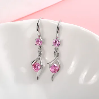 Módne Luxusné Ružová Modré Crystal Visieť Náušnice Classic Strieborná Farba Pink Cross Zirkón Svadobné Náušnice pre Ženy Kórea Šperky