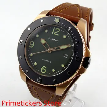 Zlaté á prípade 43mm PARNIS zelená dial zafírové sklo keramická fazeta automatické pánske hodinky dátum
