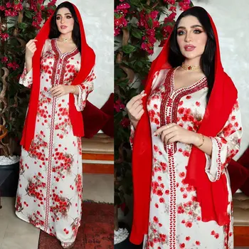 13Abaya Šaty Kvetinový Tlač Moslimských Abaya Šaty Žien Diamond Dubaj Arabských Turecko Maroko Kaftan Islamské Oblečenie Šaty Župan Vestido