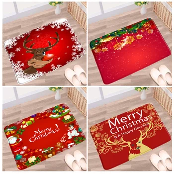 Vianočné Kúpeľňa Mat Elk Santa Claus Šťastný Nový Rok Červenom Pozadí Non-slip Koberce Flanelové Domov Vaňa Kuchyňa vchod Koberec