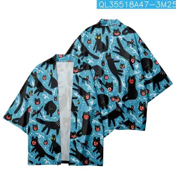 Voľné Cartoon Black Cat Vytlačené Modrou Kimono Beach Šortky Streetwear Lete Bežné Pár Ženy Muži Haori Yukata Cardigan