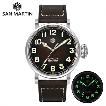 San Martin Nové pánske Náramkové hodinky Pilot 44,5 mm Brown Gradient Dial Sapphire YN55 Automatický Pohyb 10Bar Vode Odolný Svetelný