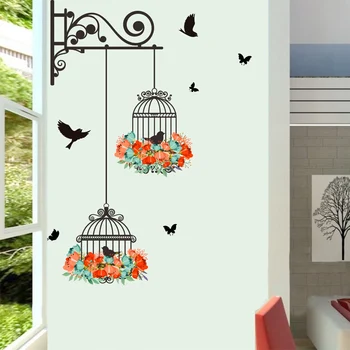Farebné Kvetinové birdcage lietajúce vtáky stenu, nálepky Tvorivé domova obývacia izba Obtlačky tapetu, spálne, detskej izbe okno dekor
