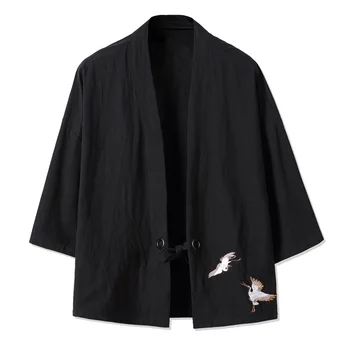 Výšivky Žeriav Muž Cardigan Bavlnená Posteľná Bielizeň, Košele Kimono Tradičné Otvorené Steh Bunda Mužov Bežné Harajuku Kostým Oblečenie