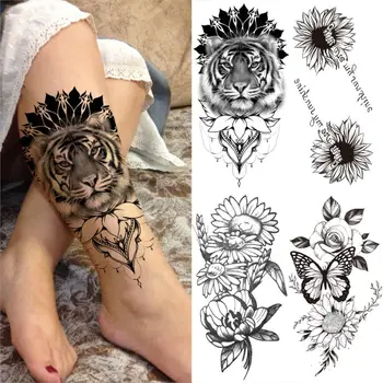 Black Tiger Dočasné Tetovanie Pre Ženy, Mužov Dospelých Falošné Šperky, Prívesok Tetovanie Slnko, Kvet, Motýľ Predlaktie Stehna Tatoos Nálepky