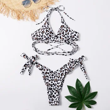 2021 Sexy Leopard Tlač Bikini Set Duté Šatka Plavky Visí na Krku Bikini Vysoký Pás Plavky Žena Push-up Plavky