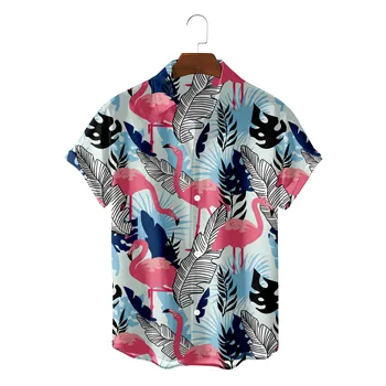 Móda Havajské Košele Pre Mužov Letné Beach Oblečenie Flamingo Kreslenie Camisa Blusas Blúzky Tlačidlo Hore Streetwear Košieľka