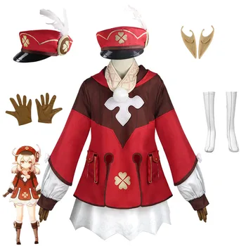 7Pcs Sady Anime Hry Genshin Vplyv Klee Cosplay Kostým Oblečenie, Rukavice Klobúky Náušnice Šatku Halloween Cos Kostým Príslušenstvo