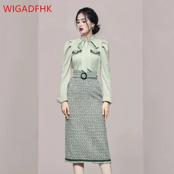 Jeseň Pani Móda Sukne Dve Dielna Sada Elegantnej Čipky Luk Zelené Tričko Top+Elegantné Tweed Stožiare, Sukne Bežné Ženy Kórejský Oblek
