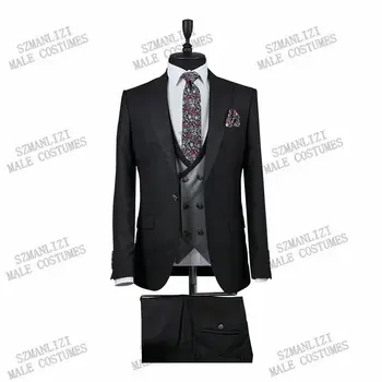 2021 Formálne Podnikania Muži Obleky Čierne Svetlo Šedá Vesta Kostým Svadby Ženích Smoking Slim Fit Terno Masculino Prom Party Sako