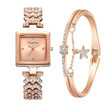 Neue 2 stücke Nastaviť Zlato Uhr čistý luxus Frauen Režim Damen Quarz Diamant Armbanduhr Elegante Weibliche Remienok Uhren Reloj Mujer