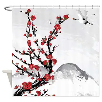 Japonský Red Cherry Blossom Sprchový Záves Sakura Strom Kúpeľňa Decor Polyester Waterproof