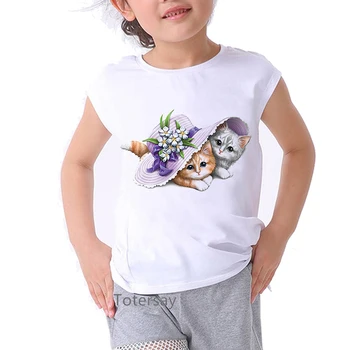 Roztomilé Mačka Tlače Deti Fashion T-shirt 2021 Letné Topy Krátky Rukáv T Shirt Nové Dievča Kawaii Hakajuku Tričká