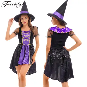 Dámske Halloween Čarodejnice Cosplay Kostým Lístkového Rukáv Hi-lo Lem Šaty s Špicatý Klobúk Strany Fáze Výkonu Role Play Oblečenie