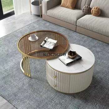 Nordic nastaviť tabuľka Bridlice konferenčný stolík moderný minimalistický byt okrúhly konferenčný stolík so zásuvkou hnedé sklo svetla luxusné creative