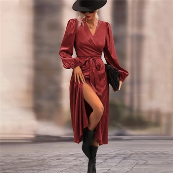 2022 Jeseň Zima Elegantná, Chic Červeným Pásikom V Krku Strane Pozdĺžneho Teľa Dĺžka Zábal Kimono Dlho Lístkového Rukáv Midi Party Šaty pre Ženy