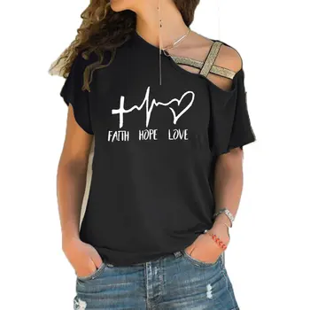 2019 viera, nádej, láska T-Shirt 90. rokov Ženy Letné Krátke Sleeve T Shirt Bežné Dámy Valentine Topy Nepravidelný Skosenie Kríž Obväz Čaj