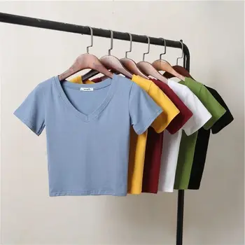 Sexy dámske Letné Krátke Dizajn Bavlny tvaru Bežné Fitness T-Shirt Vysoký Pás Farbou Plodín Top Tees