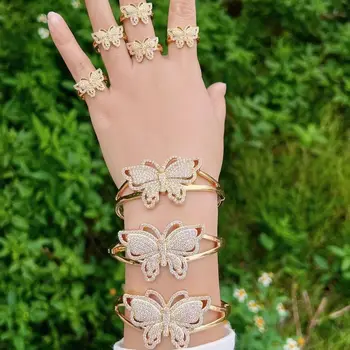 3ks Luxusné módne pozlátené krásny motýľ náramok náramok,horúce cz kryštálmi micro pave prsteň náramok šperky set veľkoobchod