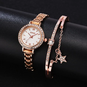 2 KS Ženy Náramok Hodiniek Nastaviť Luxusné Rose Gold Steel Kapela Náramkové hodinky Quartz Hodinky pre Ženy Móda Crystal Hodiny Reloj Mujer