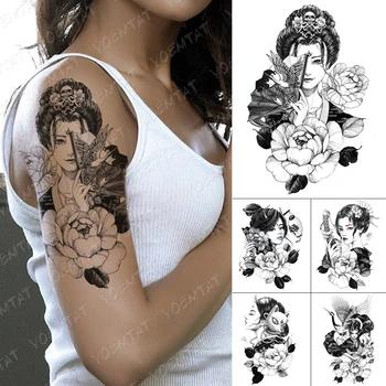 Nepremokavé Dočasné Tetovanie Nálepky Krásy Kvet, Vták Ventilátor Flash Tetovanie Žena Black Japonský Geisha Body Art Rameno Falošné Rukáv