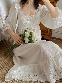 Ženy Čistej Bavlny Volánikmi Čipky Vintage Nightgowns Župan Nightie Voľné Viktoriánskej Princezná Sleepwear Víla Nightdress Domáce Oblečenie