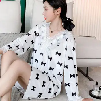 Ženy Dlhý Rukáv Nightgown Domáce Oblečenie Sexy Tvaru Oblečenie Pre Voľný Čas Velúrové Bežné Sleepwear Čipky Odev Intímne Spodná Bielizeň