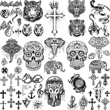 Slon Henna Dočasné Tetovanie Pre Ženy, Dospelých, Deti Kríž Dragon Tiger Scorpion Lebky Falošné Tetovanie Na Krku, Ramena, Ruky Malé Tatoos
