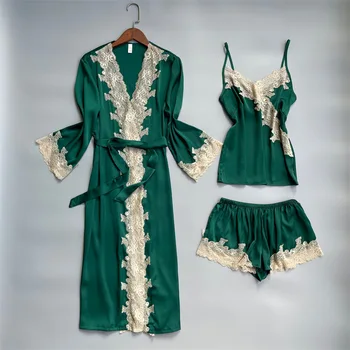 Zelená Satin 3KS Sleepwear Ženy Hodvábne Pyžamo Nastaviť Čipky Patchwork Župan Vyhovovali Sexy tvaru Kimono Šaty Bežné Domáce Oblečenie