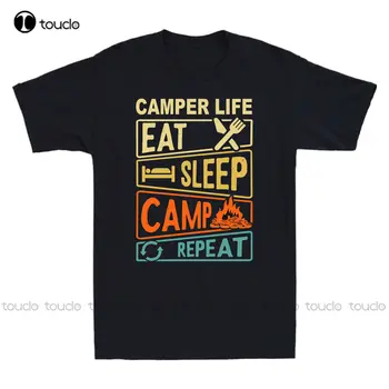 Nové Obytné Život Jesť, Spať Tábor Opakovať Vtipný Slogan Retro pánske T-Shirt Čierna Tričko Tee Tričko Bavlna